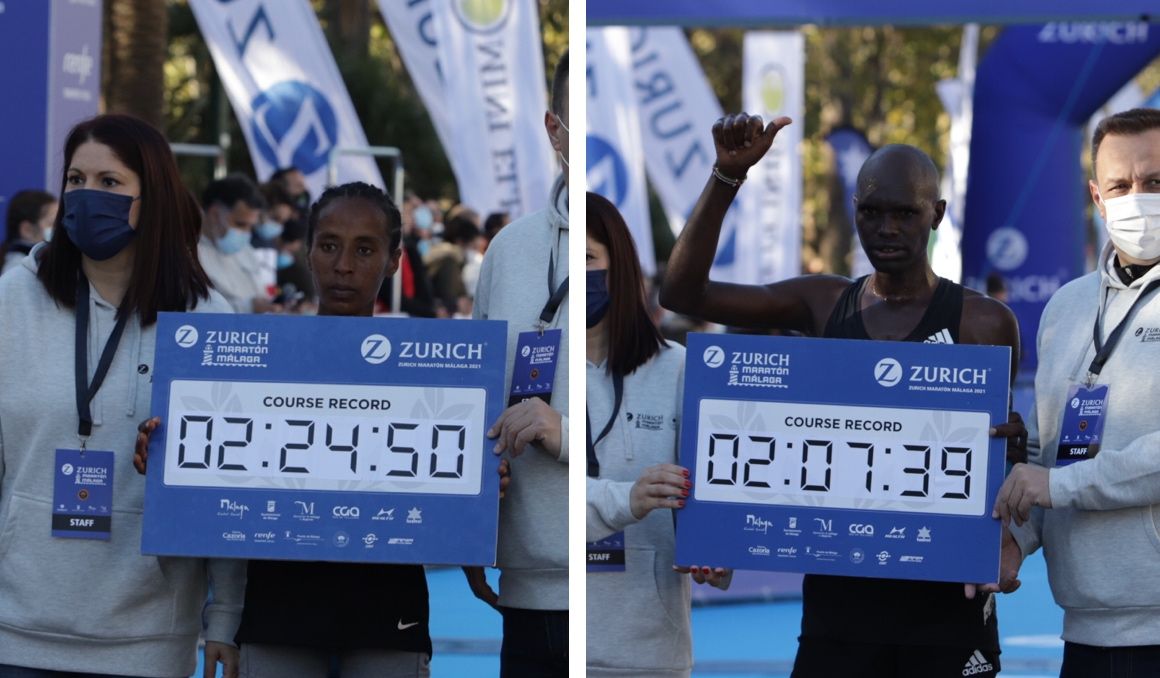 Los ganadores, con sendos récords de la prueba, del Zurich Maratón de Málaga. JAVI ARQUIMBAU.