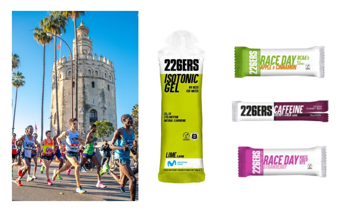 Algunos de los productos 226ERS que se ofrecerán en los avituallamientos del Zurich Maratón de Sevilla 2022.