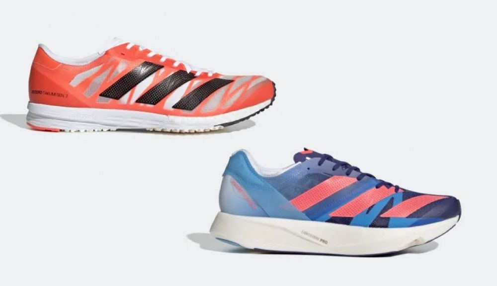 Arriba a la izquierda las adidas Adizero Takumi Sen 7 y abajo a la derecha la versión 8, con nueva espuma y varillas de carbono. Arriba a la izquierda las adidas Adizero Takumi Sen 7 y abajo a la derecha la versión 8, con nueva espuma y varillas de carbono.