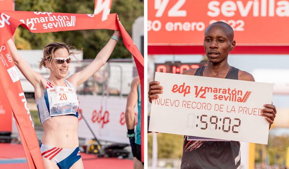 Meritxell Soler y Sebastian Kimaru, ganadores del EDP Medio Maratón de Sevilla 2022. SPORTMEDIA.