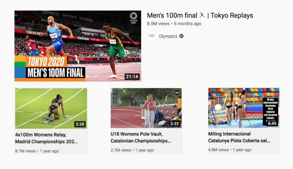 Arriba, el vídeo de la final masculina de los 100 metros en los Juegos Olímpicos de Tokio. Abajo, tres ejemplos de vídeos en los que el número de visualizaciones es, en algunos casos, mucho mayor. Arriba, el vídeo de la final masculina de los 100 metros en los Juegos Olímpicos de Tokio. Abajo, tres ejemplos de vídeos en los que el número de visualizaciones es, en algunos casos, mucho mayor.