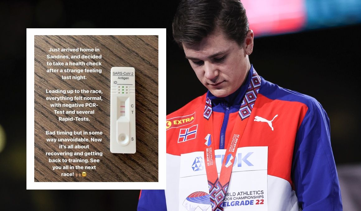 Jakob Ingebrigtsen con la medalla de plata del Mundial de Belgrado y a la izquierda su positivo en COVID. GETTY IMAGES.