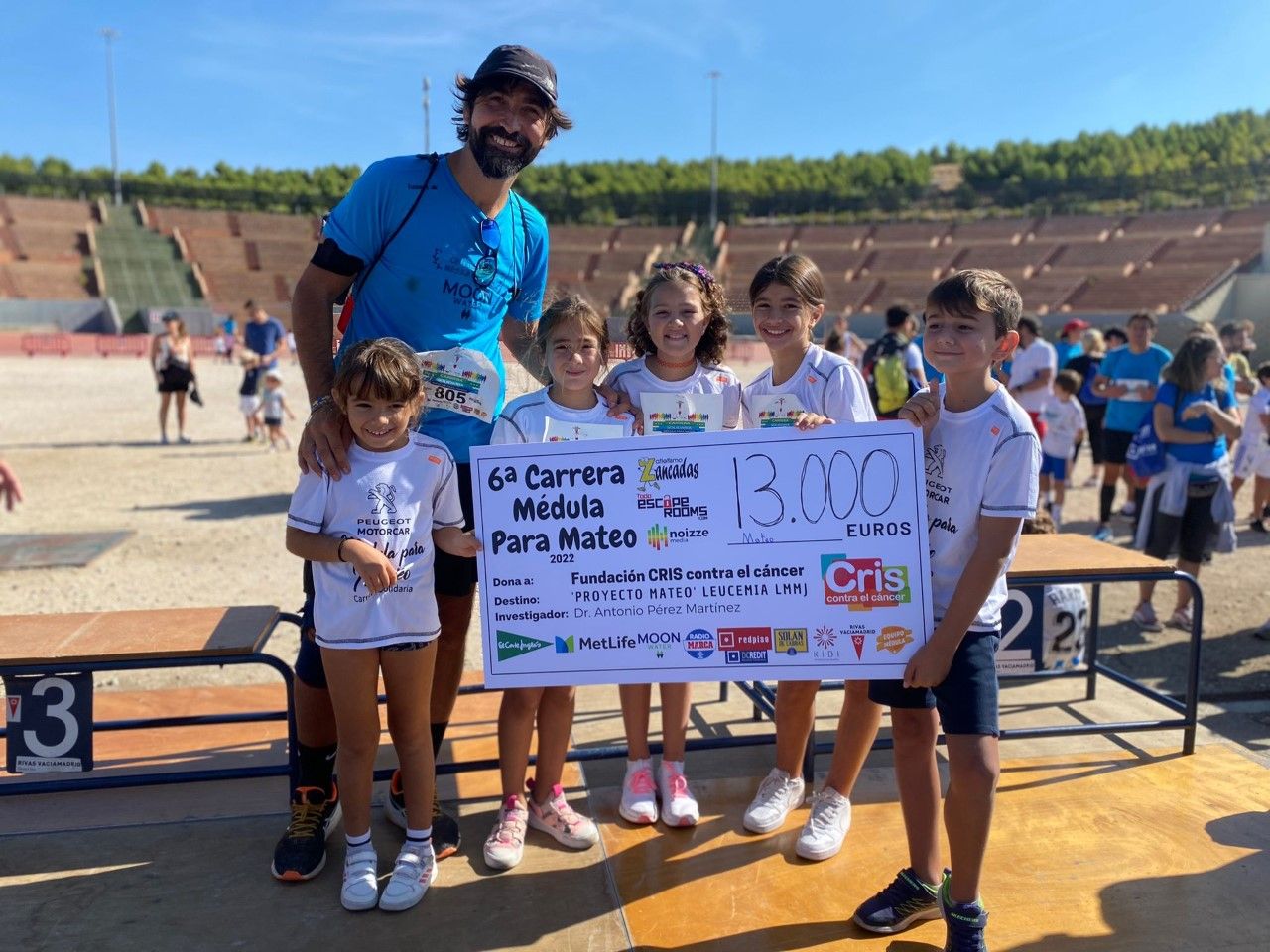 Mateo y un grupo de amigas (en representación de los niños y niñas afectados por el cáncer) entregan el cheque de 13 000 euros al doctor Antonio Pérez Martínez.