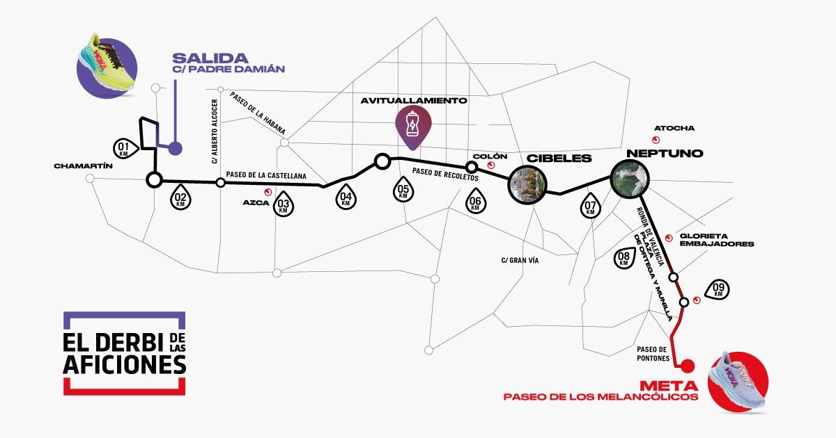 Así es el rapidísimo nuevo recorrido de El Derbi de las Aficiones, la carrera que enfrenta de buen rollo a los seguidores de Real y Atlético de Madrid. Así es el rapidísimo nuevo recorrido de El Derbi de las Aficiones, la carrera que enfrenta de buen rollo a los seguidores de Real y Atlético de Madrid.