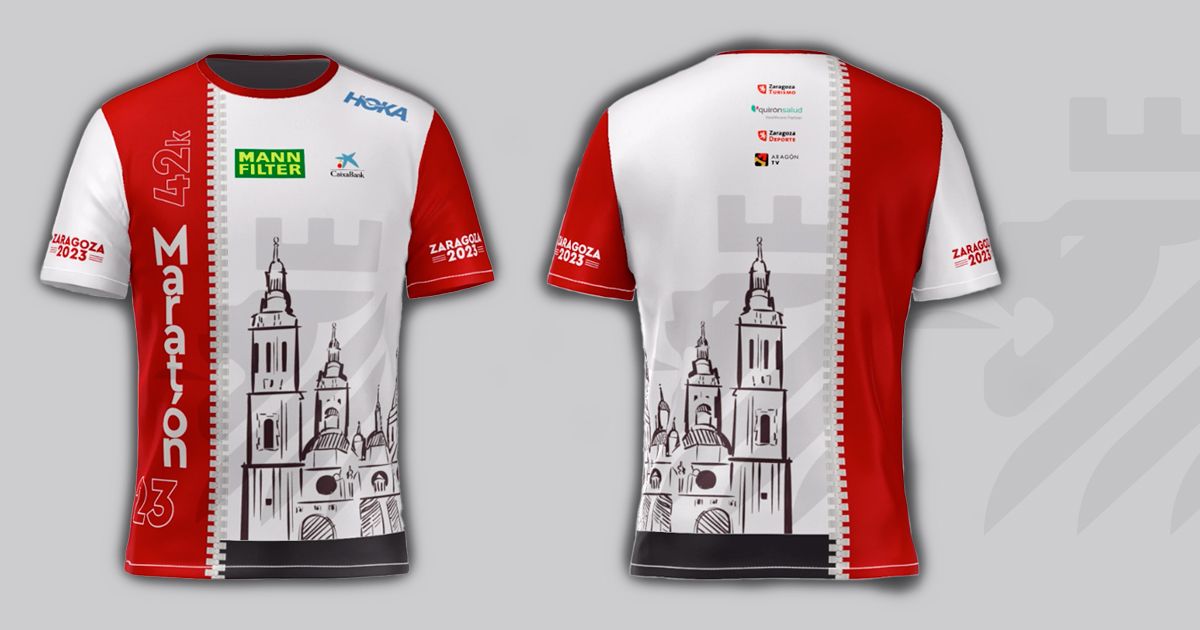 La camiseta del MANN-FILTER Maratón de Zaragoza Caixabank es un homenaje al Pilar.