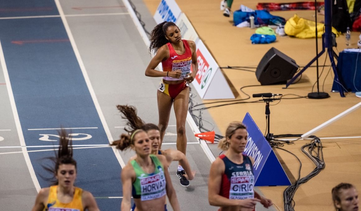 Salma Paralluelo en el Campeonato de Europa en pista cubierta en categoría absoluta disputado en Glasgow en 2019. SPORTMEDIA.