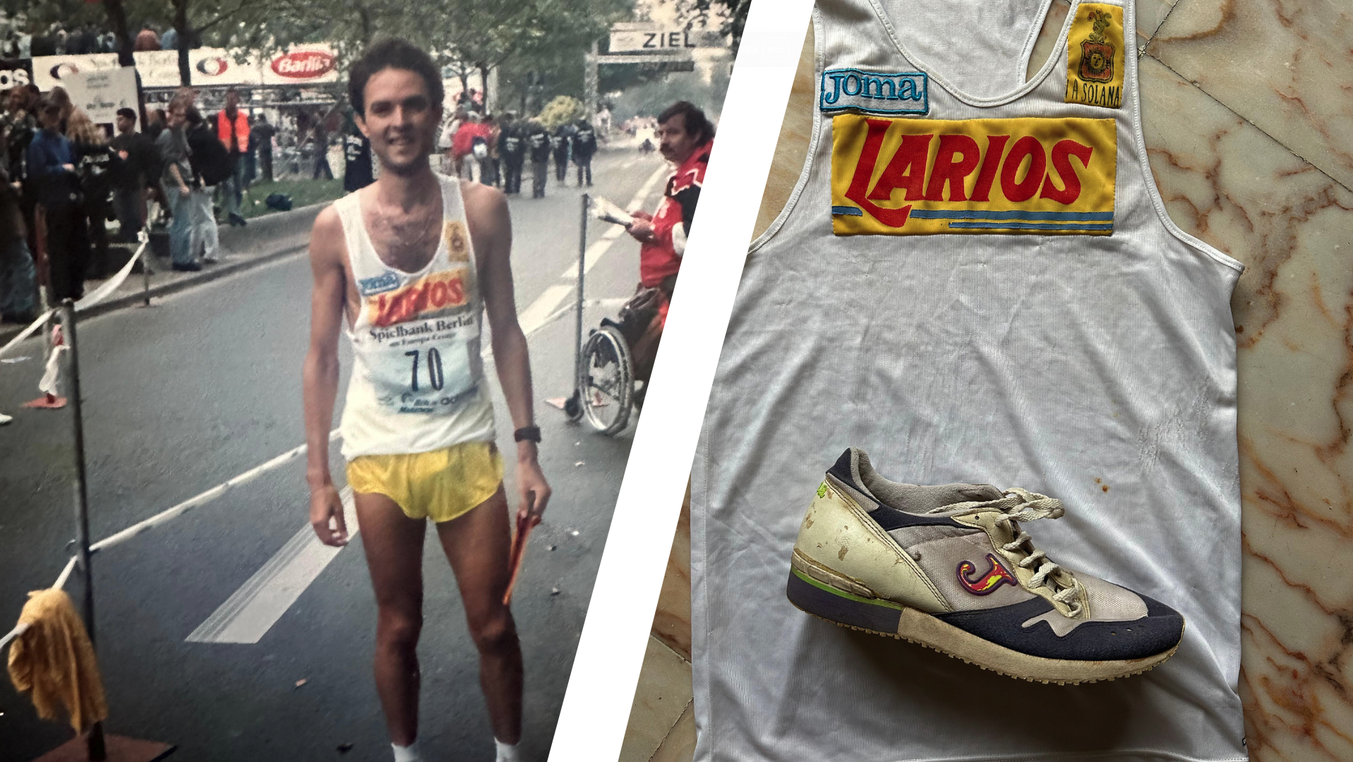 A la izquierda, Antonio Serrano después del Maratón de Berlín 1994. A la derecha, la camiseta Larios y las zapatillas Joma con las que bajó de 2h10.