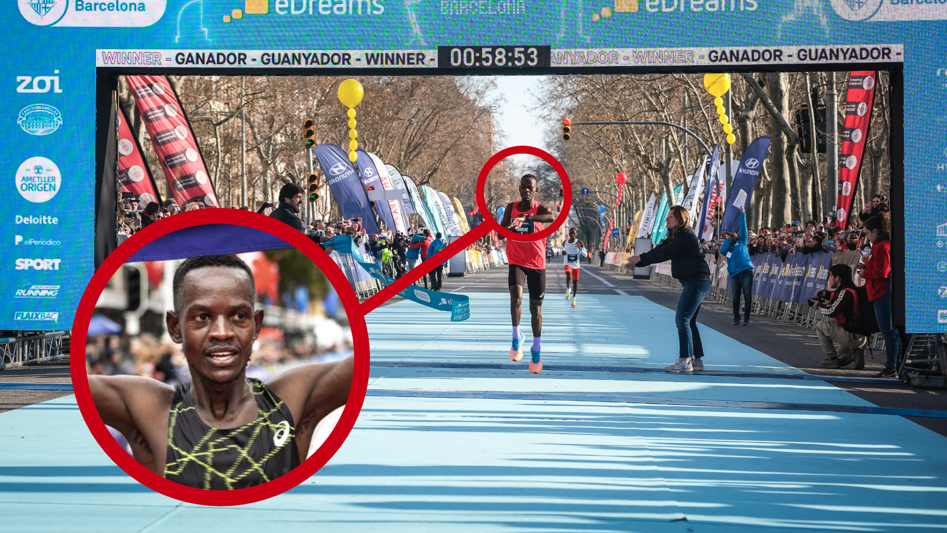 Charles Kipkkurui Langat venciendo en la Mitja Marató de Barcelona 2023. Hoy ha sido anunciada su sanción por dar positivo por furosemida.