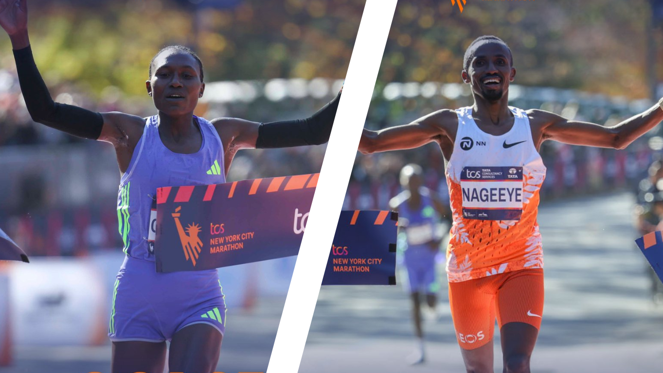 Sheila Chepkirui y Abdi Nageeye, ganadores del Maratón de Nueva York 2024. NYCM.