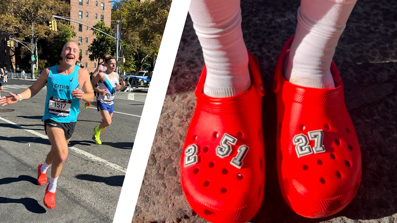 Kevin Leimkuhler, a la izquierda, durante el Maratón de Nueva York; a la derecha, los crocs que usó.