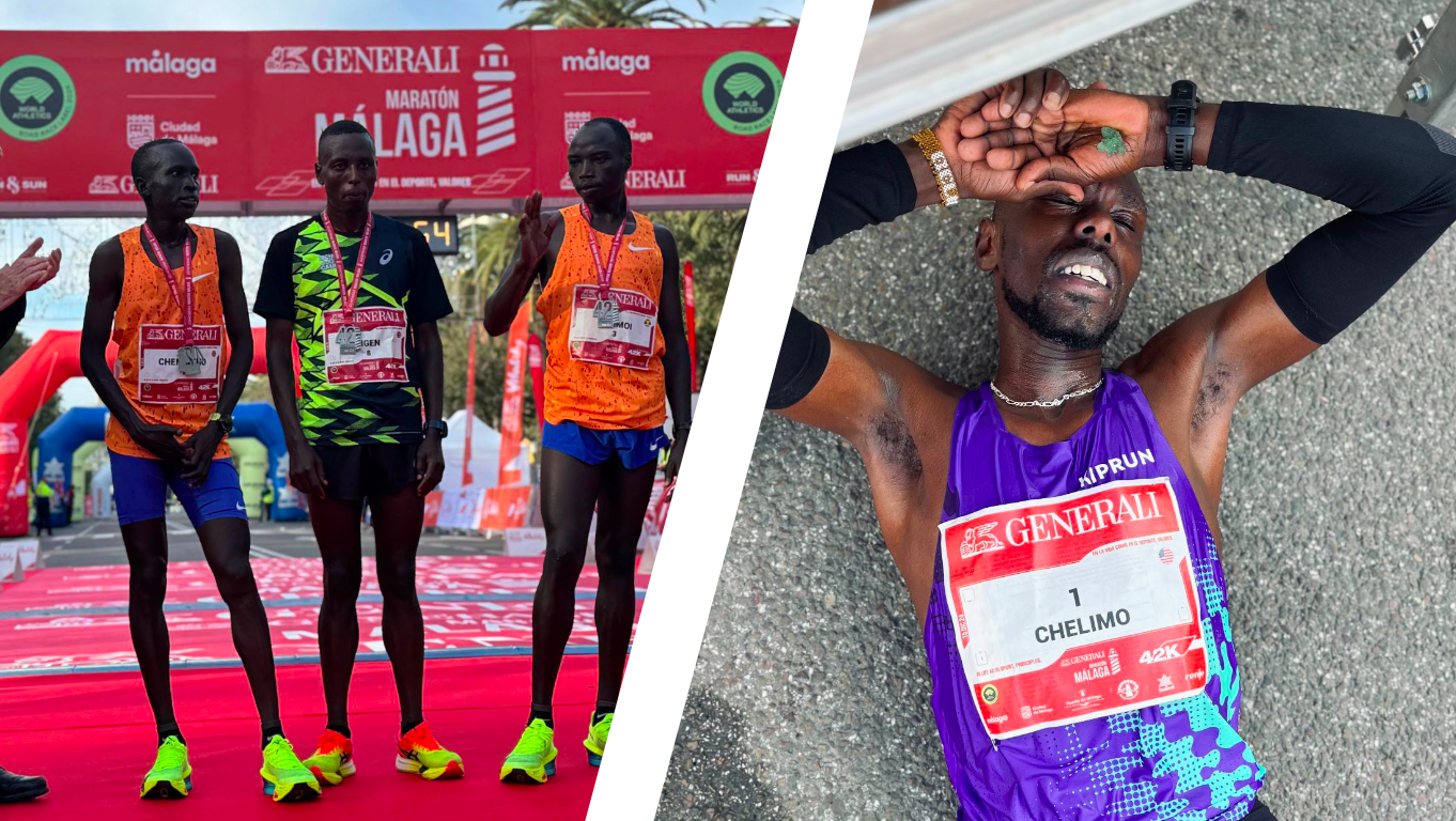 Los tres primeros clasificados en el Maratón de Málaga 2024 y Paul Chelimo, destrozado tras cruzar la meta.