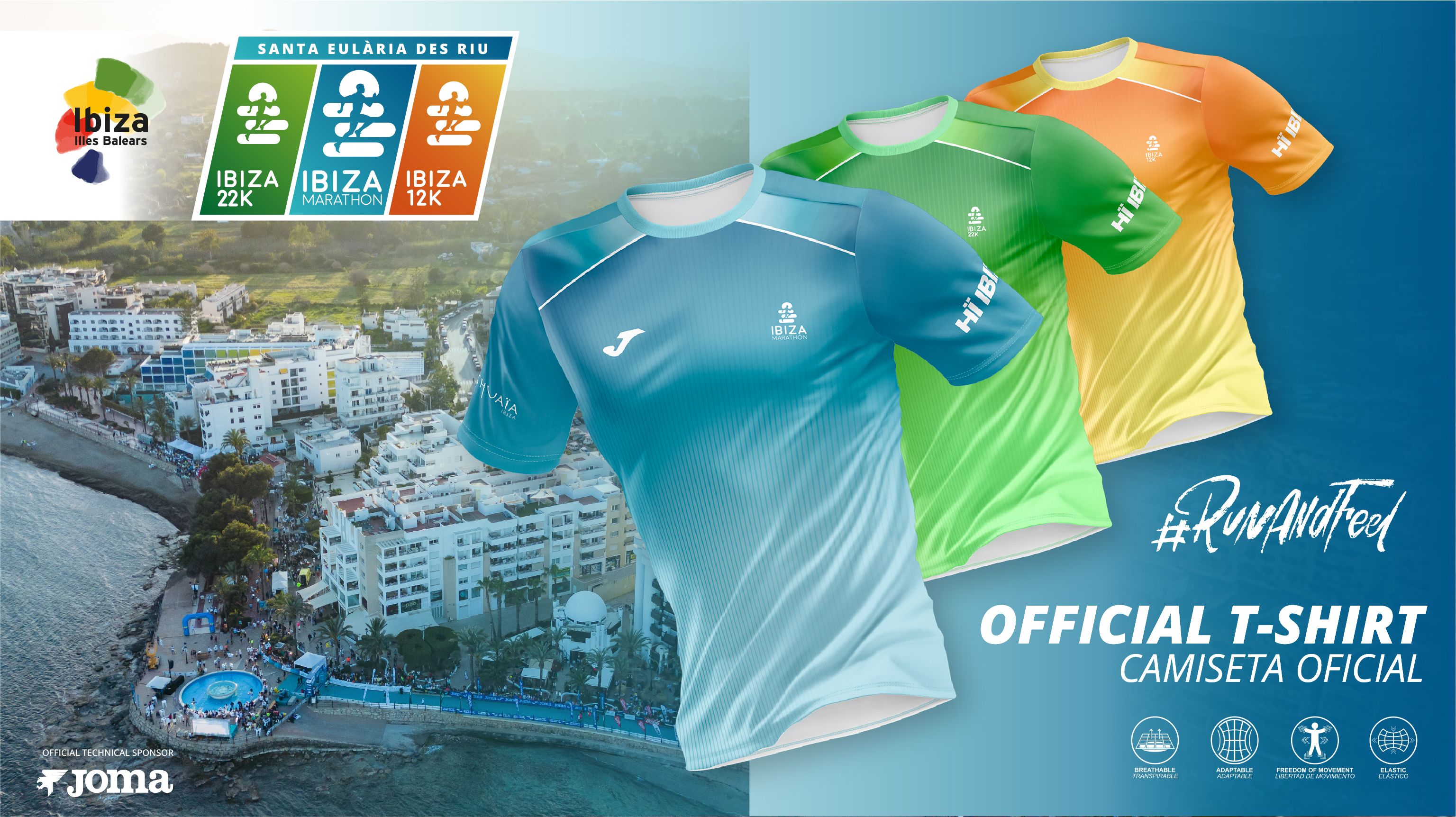 Así es la camiseta oficial del Santa Eulària Ibiza Marathon diseñada por Joma.