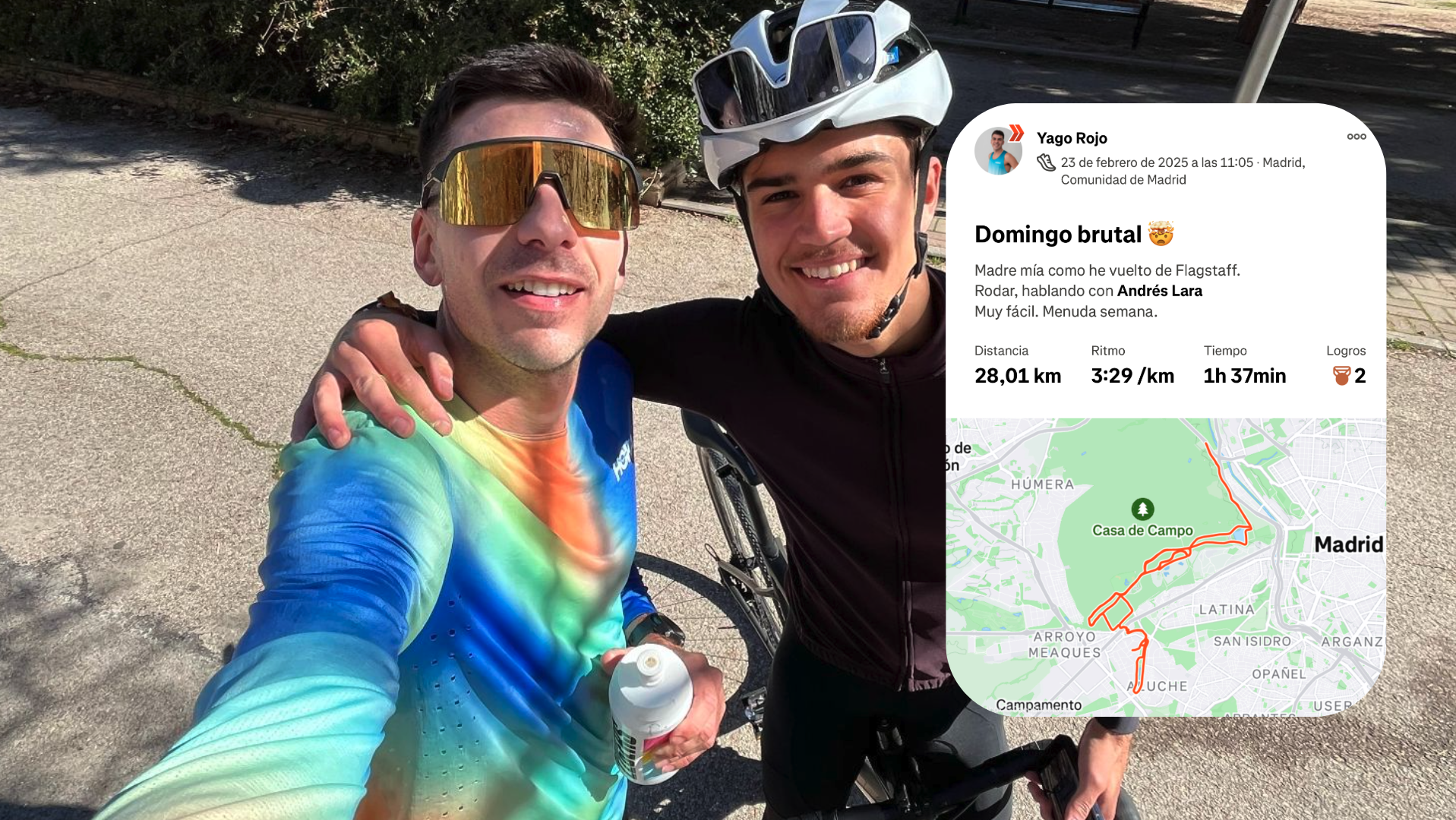 Yago Rojo con su acompañante, Andrés Lara, después del rodaje de 28 kilómetros.
