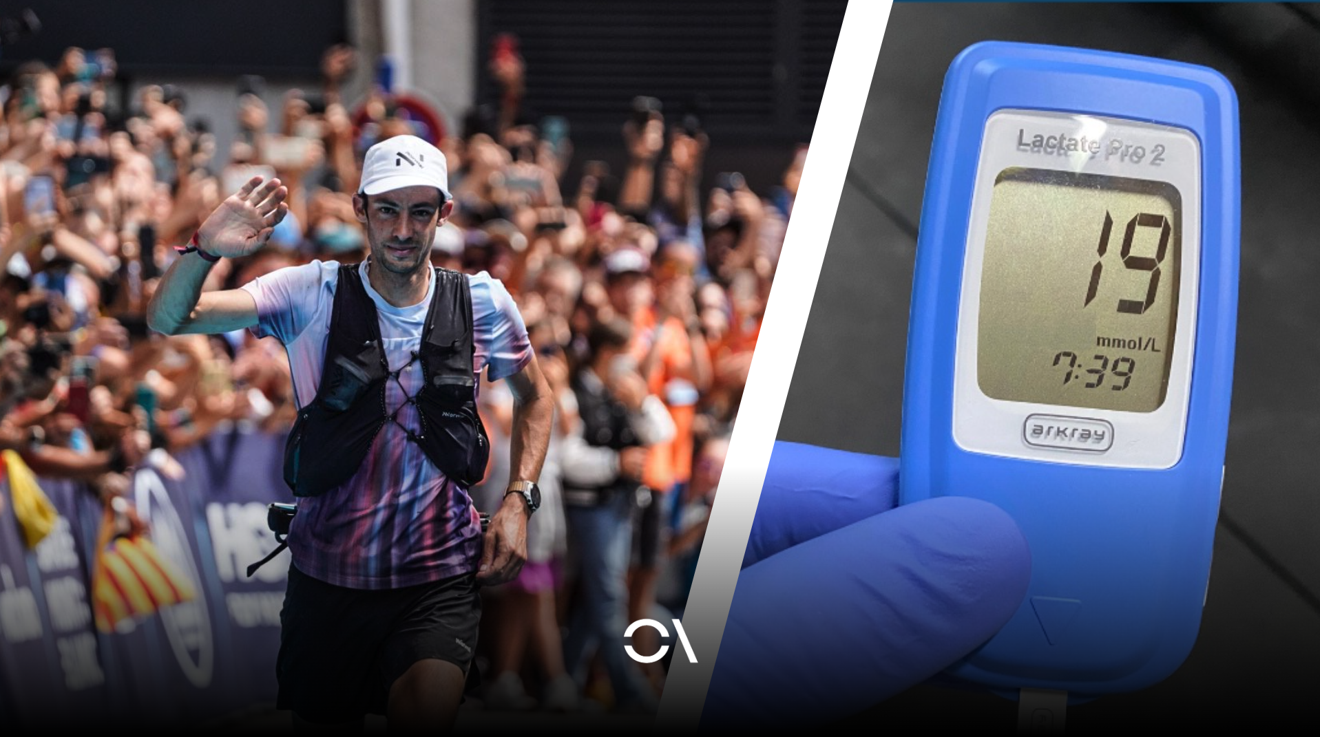 A la izquierda, Kilian Jornet en su victoria en UTMB en 2022; a la derecha, un medidor de lactato.