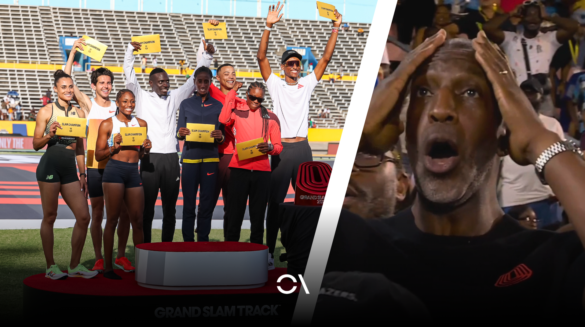 A la izquierda, los ganadores de los distintos eventos del Grand Slam Track de Kingston; a la derecha, Michael Johnson, promotor del evento. GST.