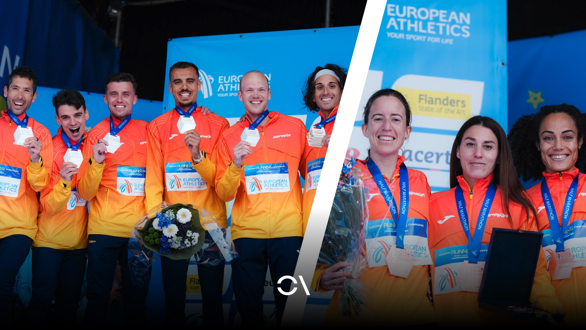 Los medallistas españoles en el medio maratón del Campeonato de Europa de Ruta de Bruselas. SPORTMEDIA.