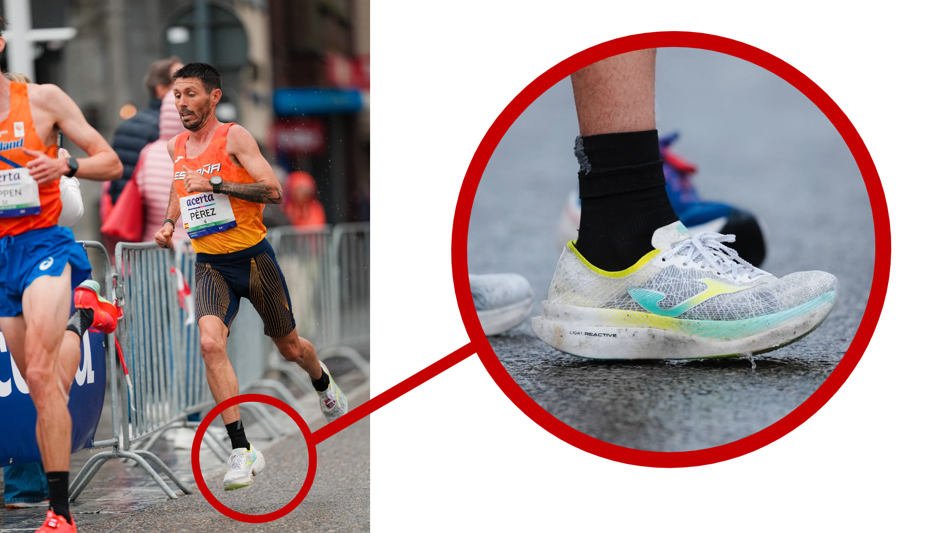 Detalle de las nuevas Joma RS9000 que lució Chiki Pérez en el Europeo de Ruta. SPORTMEDIA.