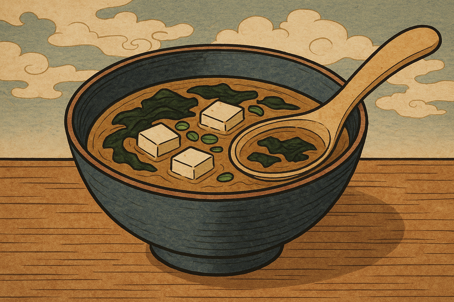 Cuenco de sopa de miso con tofu, alga wakame y cebolleta: uno de los platos japoneses más consumidos.