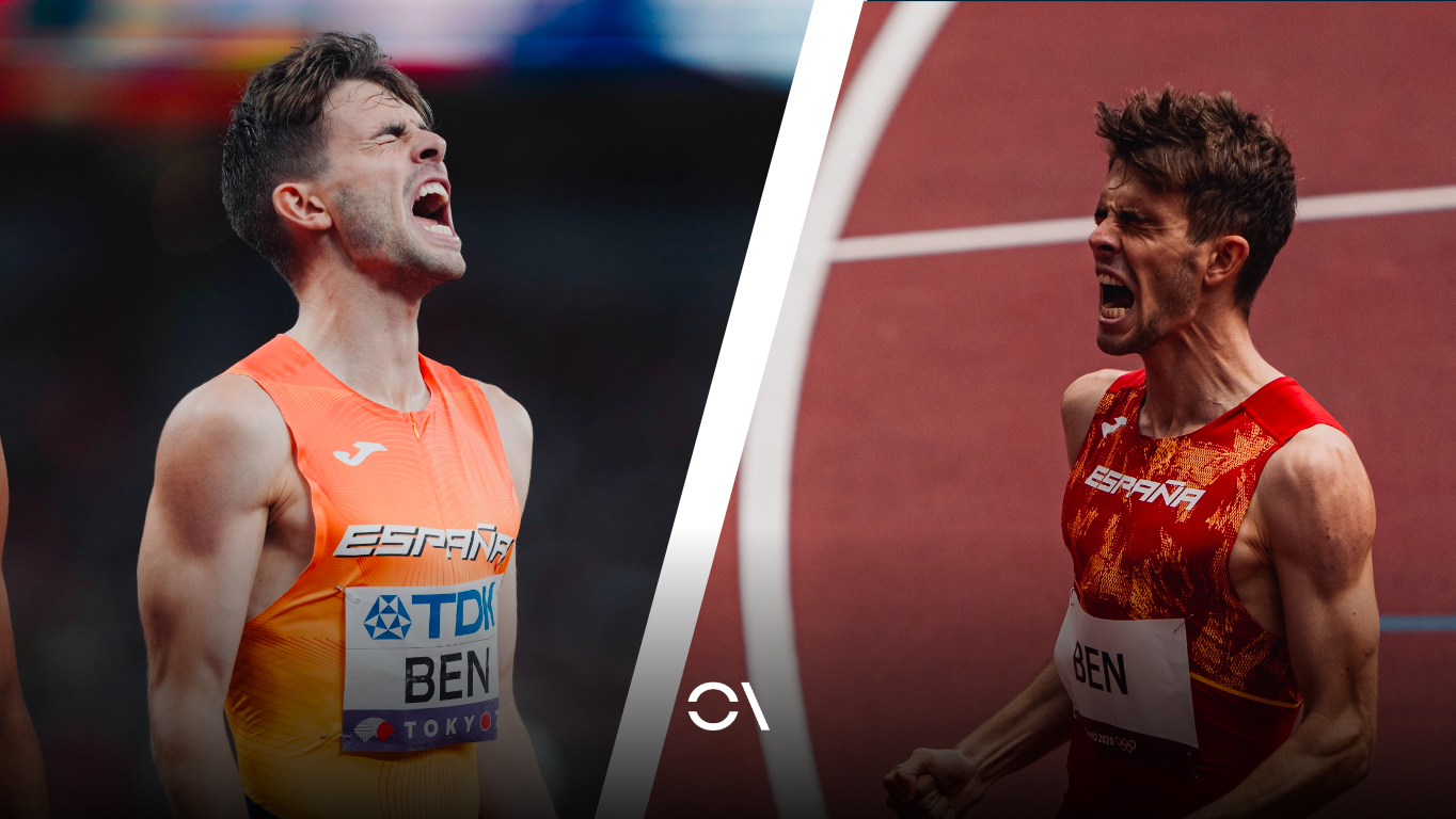 Una imagen de Adrián Ben en el Mundial de Tokio 2025 y otra en los Juegos Olímpicos de 2021. SPORTMEDIA.