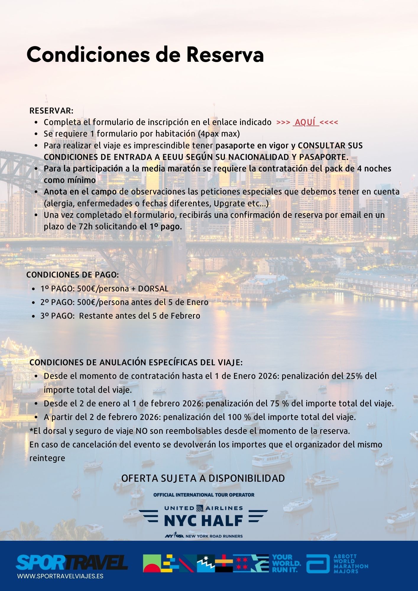 Condiciones de reserva para el viaje al Medio Maratón de Nueva York 2026