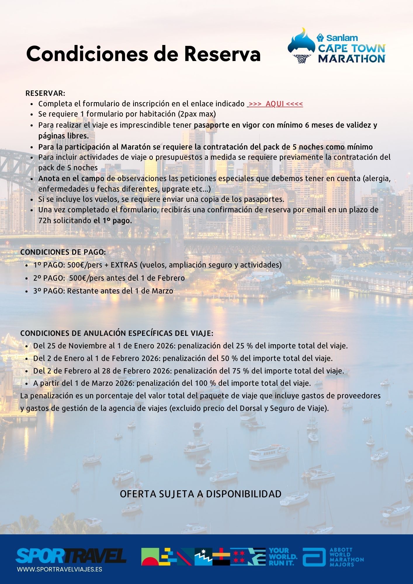 Condiciones de reserva del viaje a Ciudad del Cabo con Sportravel