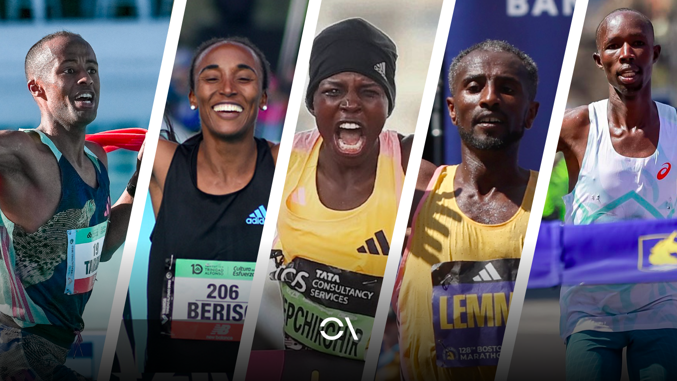 De izquierda a derecha, algunos de los nombres importantes del Maratón de Valencia: el español Tariku Novales, Amane Beriso, Peres Jepchirchis, Sisay Lemma y John Korir.