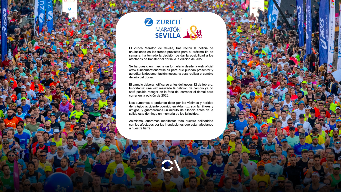 El Maratón de Sevilla permitirá transferir el dorsal a 2027 a afectados por la anulación de trenes.