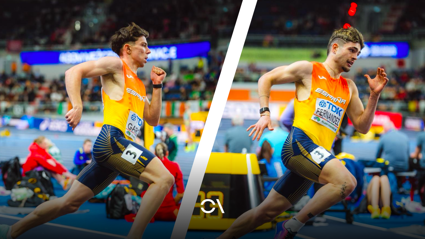 David García, a la izquierda, y Markel Fernández, a la derecha, pasan a semifinales de los 400 metros del Mundial de pista cubierta. FOTORUNNERS.