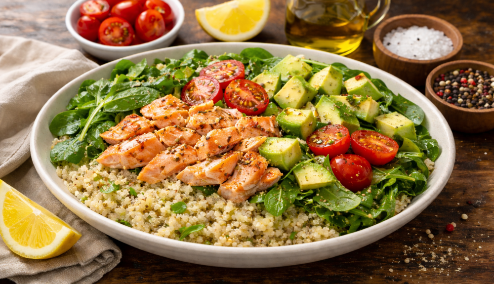 Ensalada templada de salmón, quinoa y aguacate