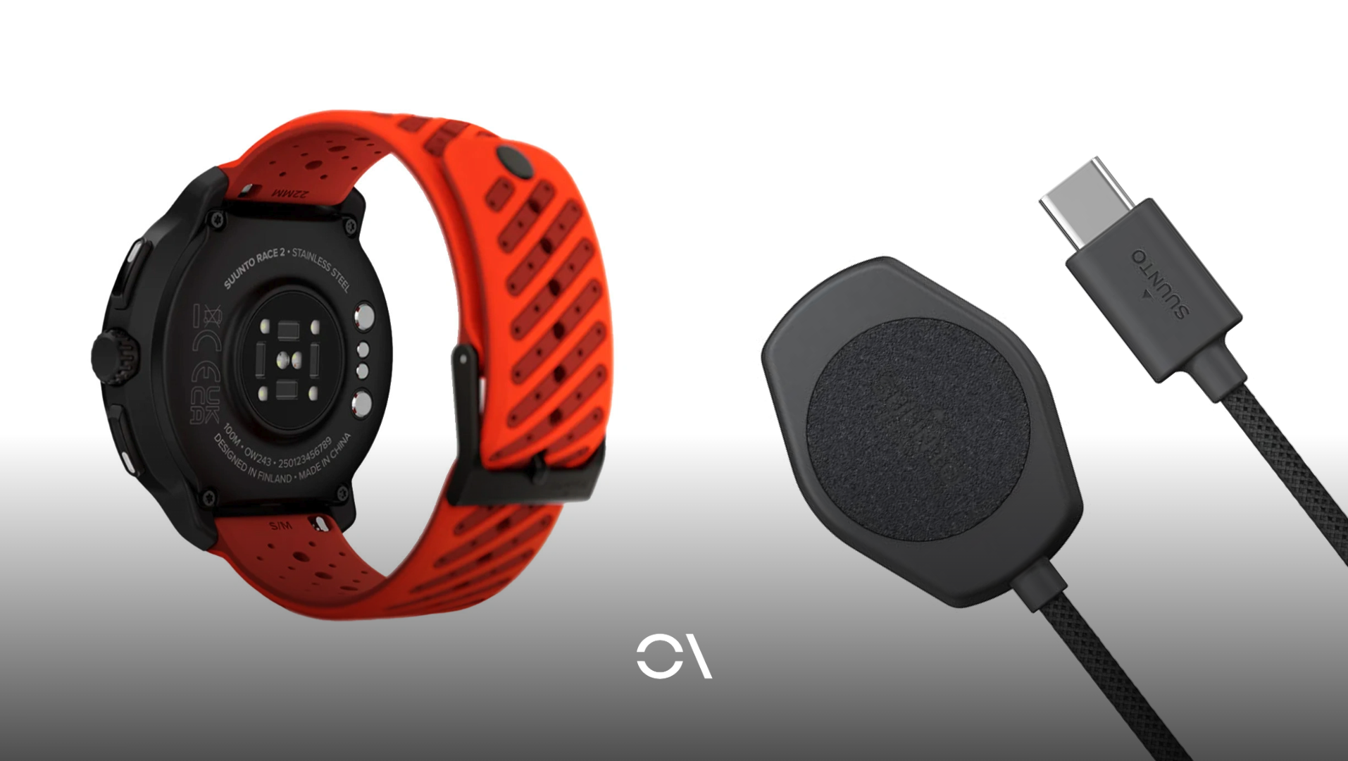 Parte trasera del Suunto Race 2 y cargador, que se conecta a través de un USB-C.