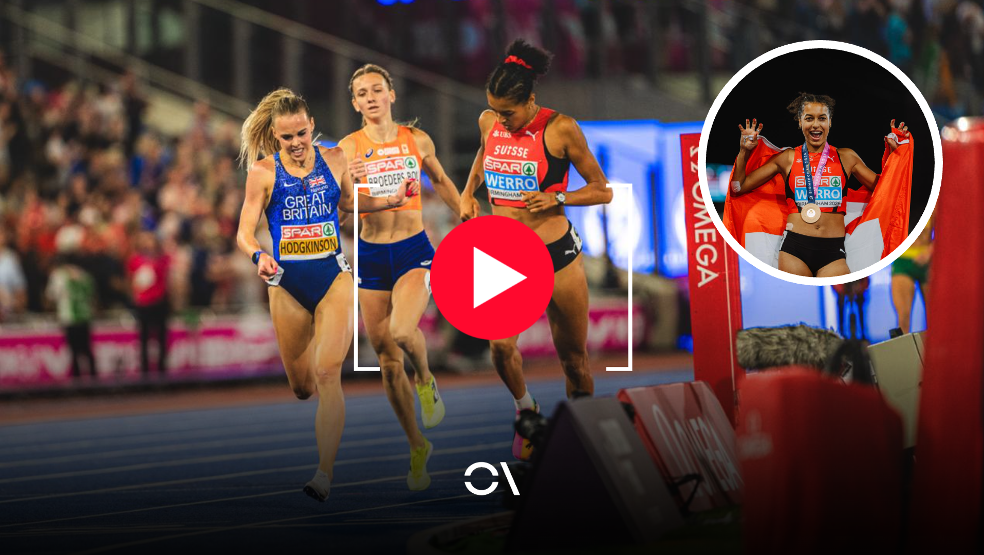 Audrey Werro, Keely Hodgkinson y Femke Bol luchando en los 800 metros del Europeo de Birmingham.
