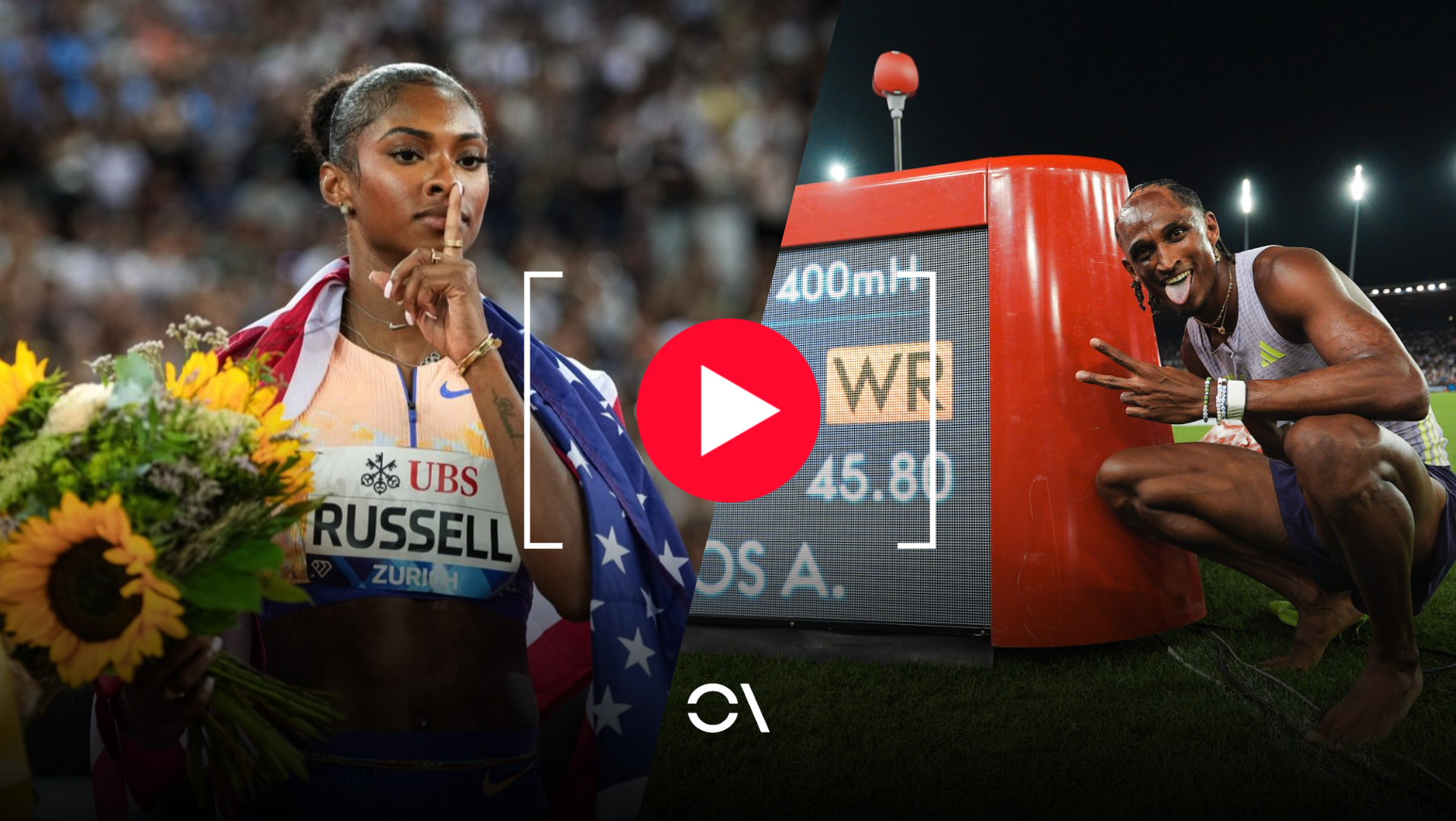 Masai Russell y Alison Dos Santos lograron sendos récords del mundo en la Diamond League de Zurich. SPORTMEDIA.