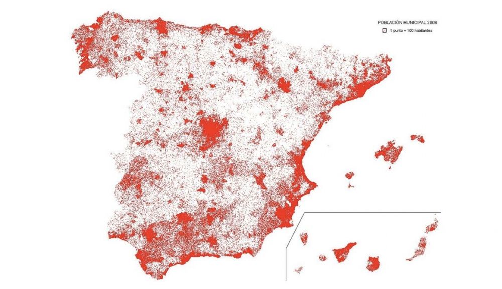 Un mapa de España teniendo en cuenta la densidad de población. Foto: ABC.