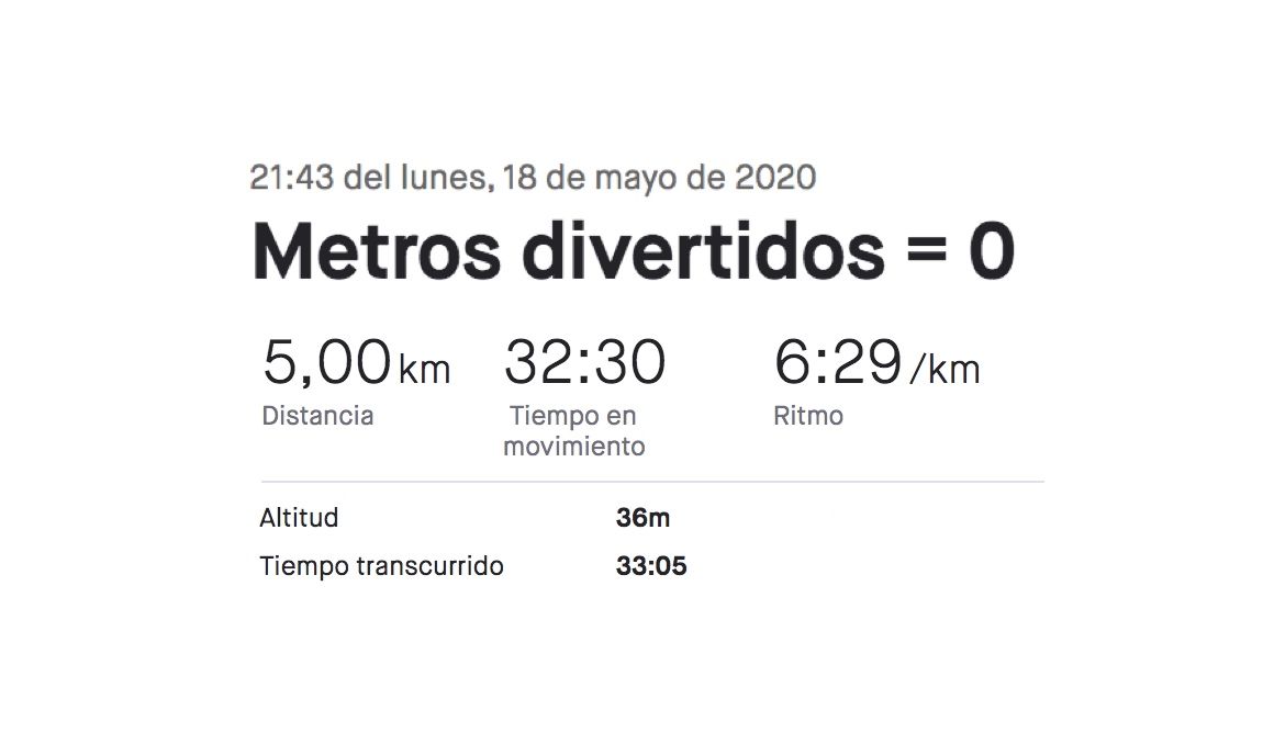 Una de las primeras actividades en Strava de Álex Corral, corredor poscoronavirus. 