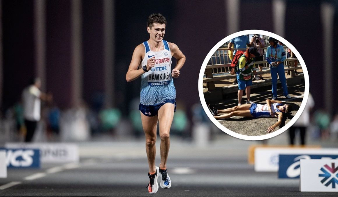 Callum Hawkins finalizando 4º en el mundial de Doha. En el detalle, su desfallecimiento en 2018. SPORTMEDIA.