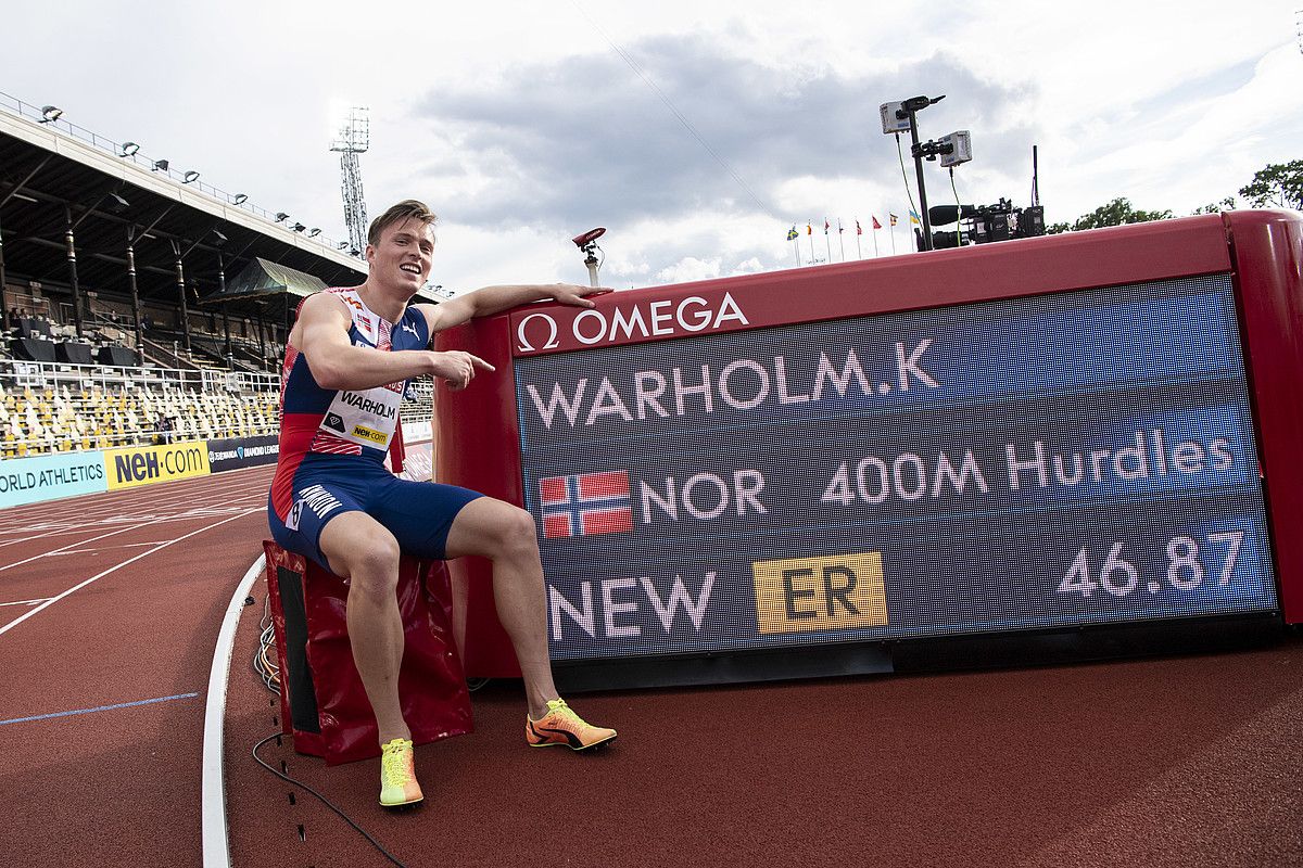 Karsten Warholm con su nuevo récord de Europa de 400 metros vallas.