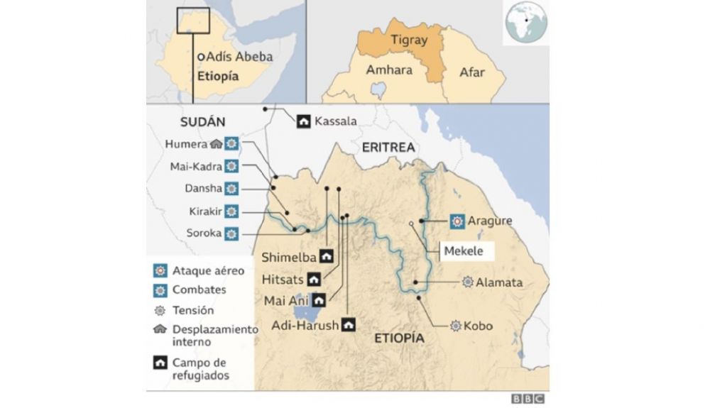 Situación geográfica de Tigray y detalles del conflicto. Fuente: BBC. Situación geográfica de Tigray y detalles del conflicto. Fuente: BBC.