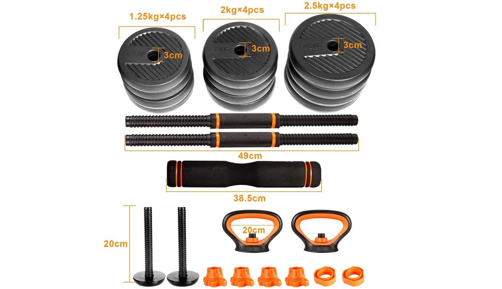 Juego de mancuernas, kettlebell y barra de musculación