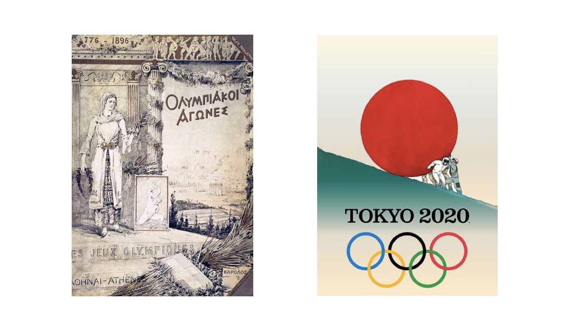 Dos carteles conmemorativos de los Juegos Olímpicos de Atenas 1896 y de Tokio 2020.
