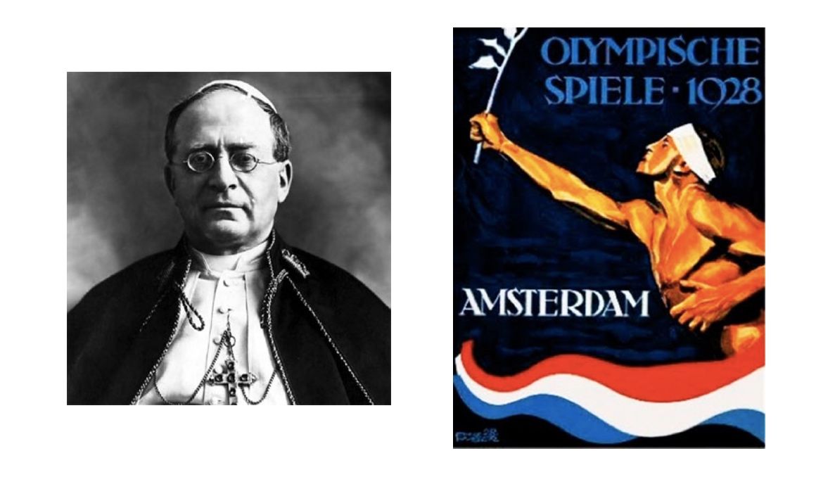 El papa Pío XI y una imagen conmemorativa de los Juegos Olímpicos de Ámsterdam.