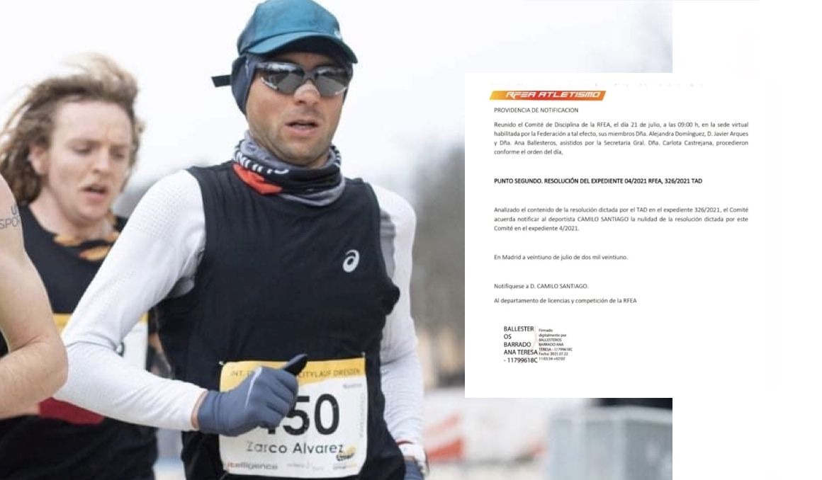 Camilo Santiago en el Maratón de Dresde corriendo por Zarco y a la derecha la resolución que anula su sanción.