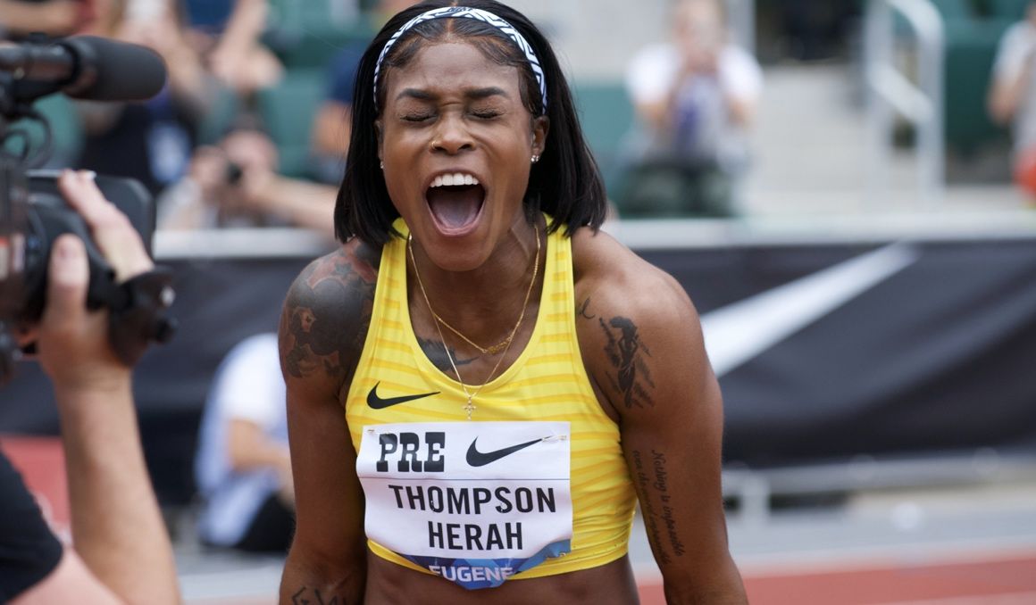 La celebración de Elaine Thompson tras su tremenda marca en los 100 metros de Eugene. Matthew Quine / Diamond League.