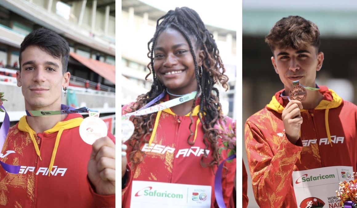 Los tres medallistas españoles en el campeonato del mundo sub 20. MIGUELEZ/RFEA.