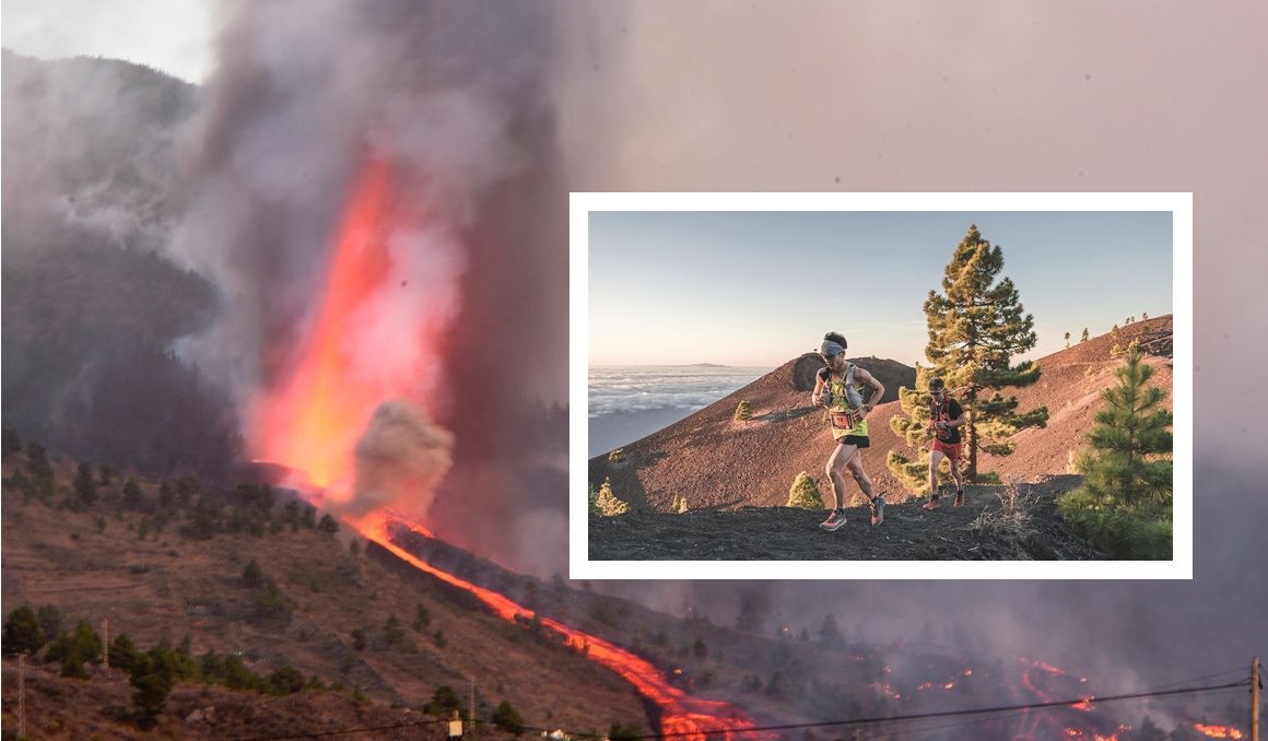 Una imagen del volcán de La Palma y otra de la carrera Transvulcania. EFE / VAN MARTY.